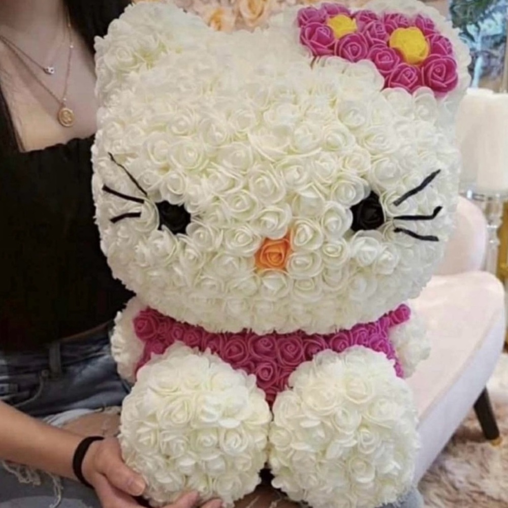 Floral Kitty Plush with Pink and White Roses